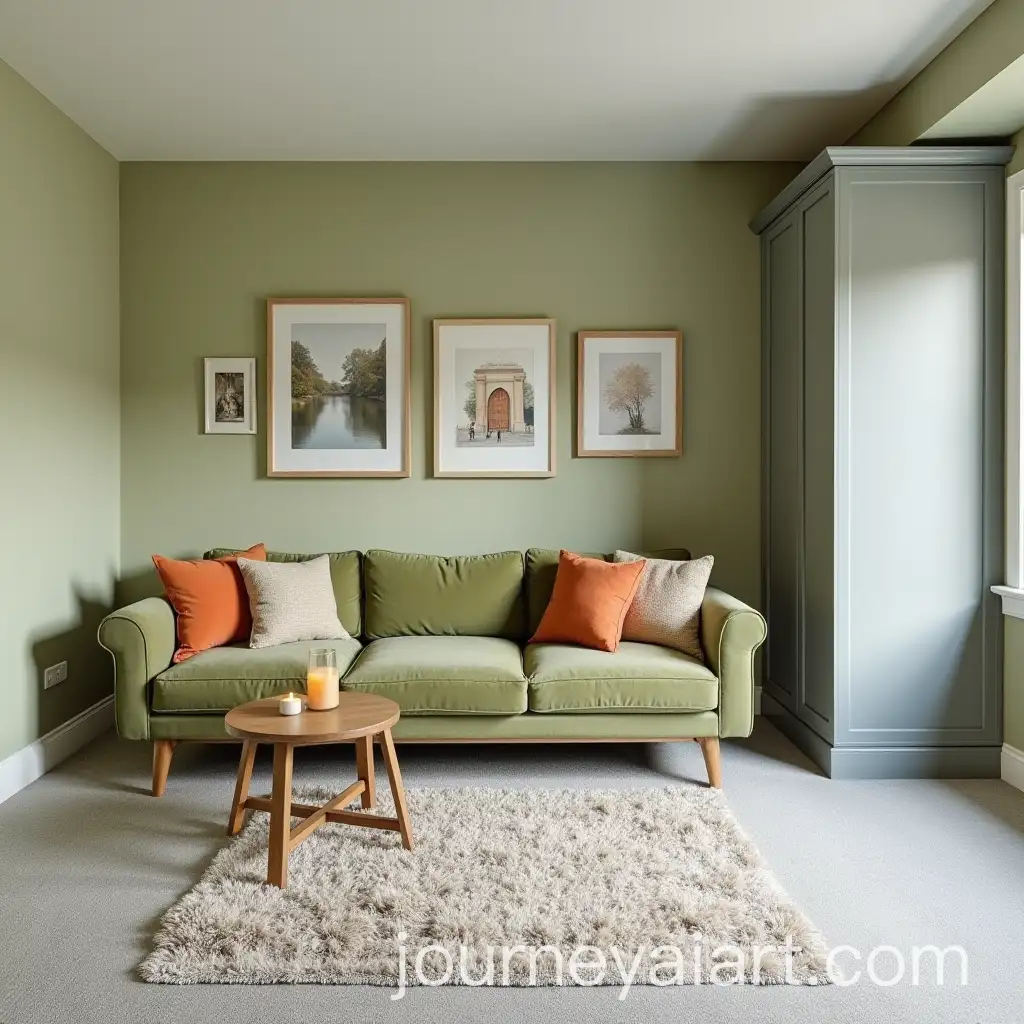 Cozy-Living-Room-with-Olive-Green-Walls-and-Grey-Sofa