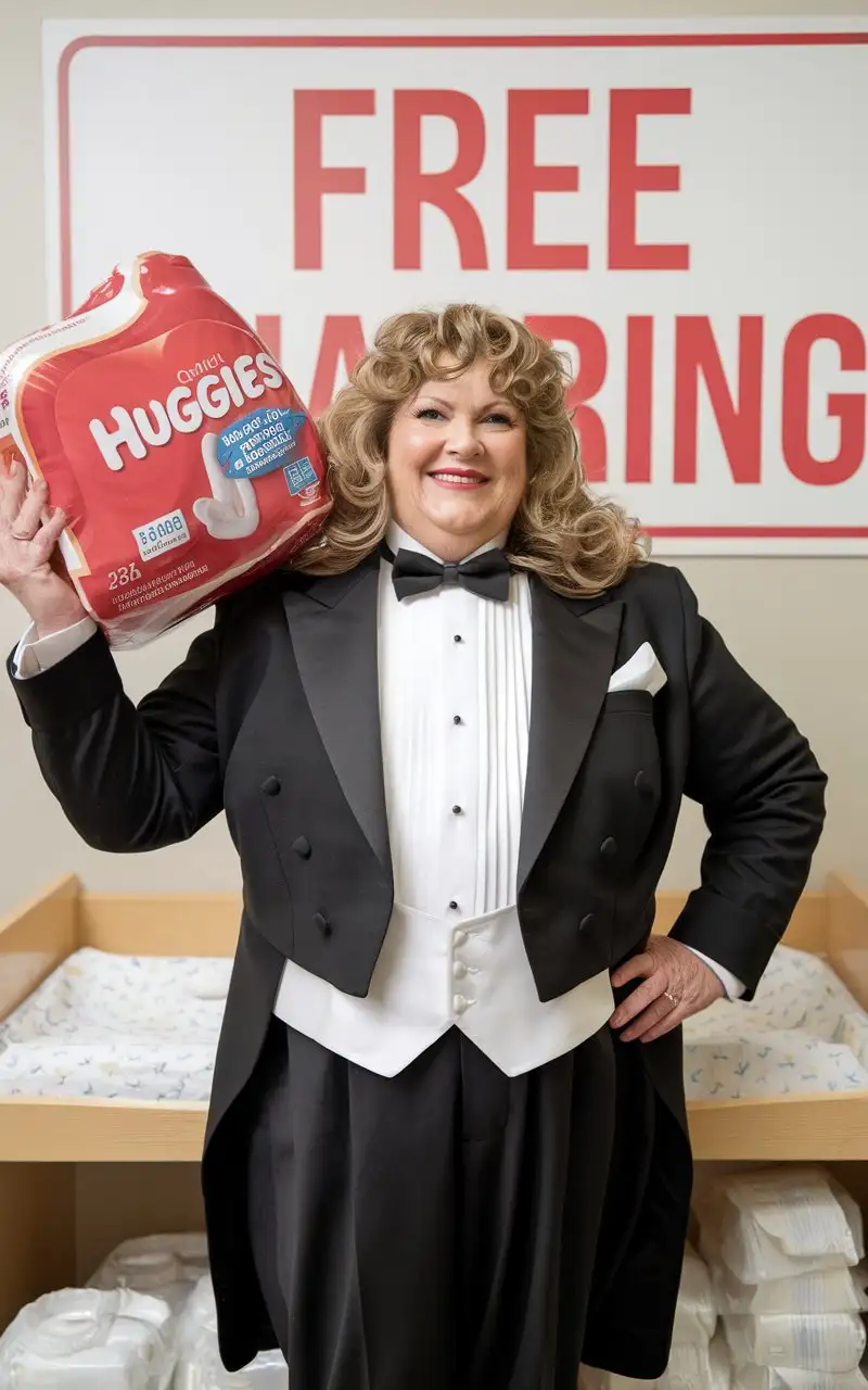 MiddleAged-Caucasian-Woman-in-Formal-Tuxedo-Holding-Huggies-in-Nursery-with-Diapering-Sign