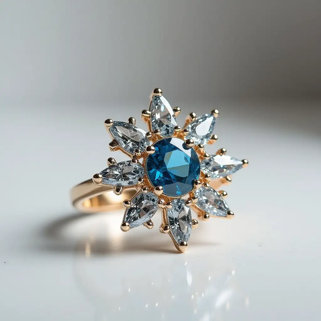 a snowflake-shaped blue gemstone ring, fashion minimalist style