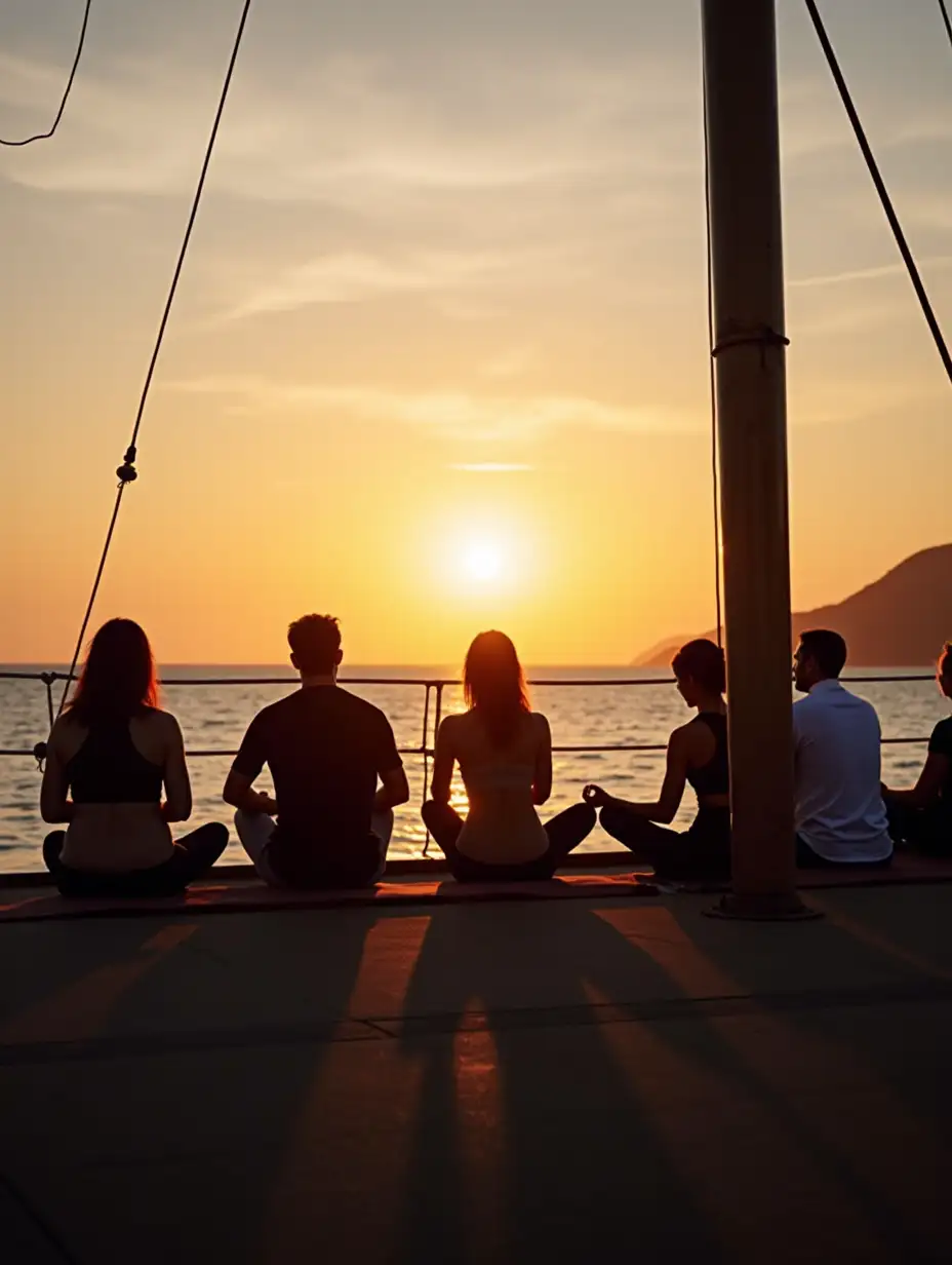 People meditating on the ship's deck. At sunset. Wind.