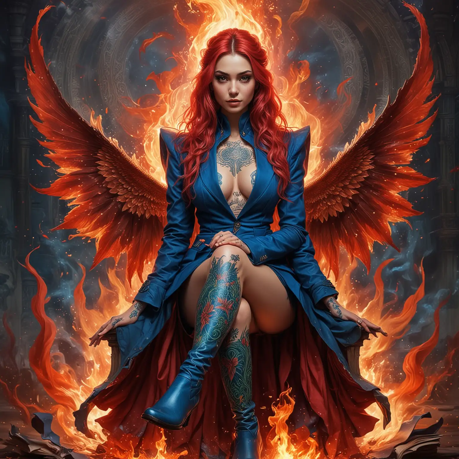 Adolescent Goddess Sorceress Surrounded by Fiery Dragons