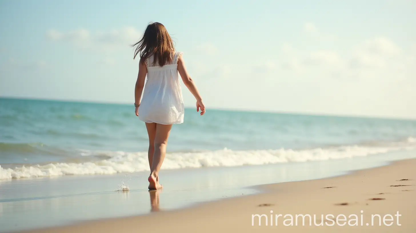 12YearOld Girl Walking on the Beach at Sunset