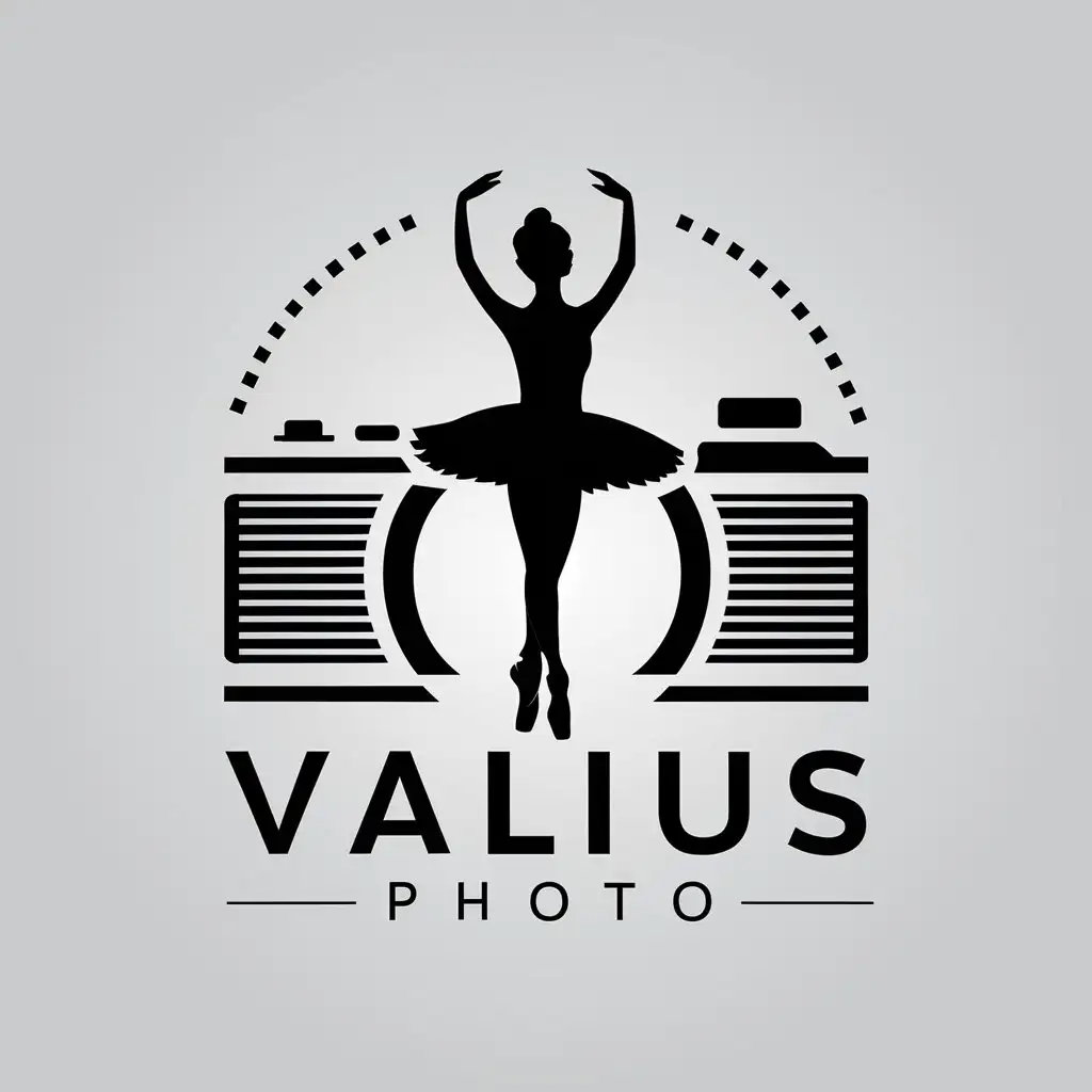 a vector logo design,with the text "Valius Photo", main symbol:silhouette of a ballerina, camera,,complex,clear background