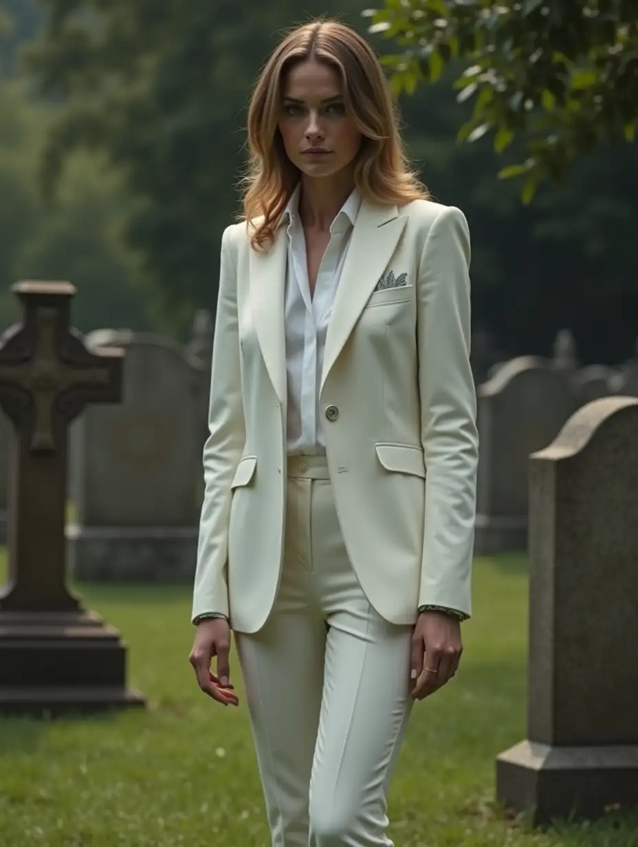 Teagan-Croft-in-a-Sharp-White-Suit-at-Daytime-in-a-Graveyard