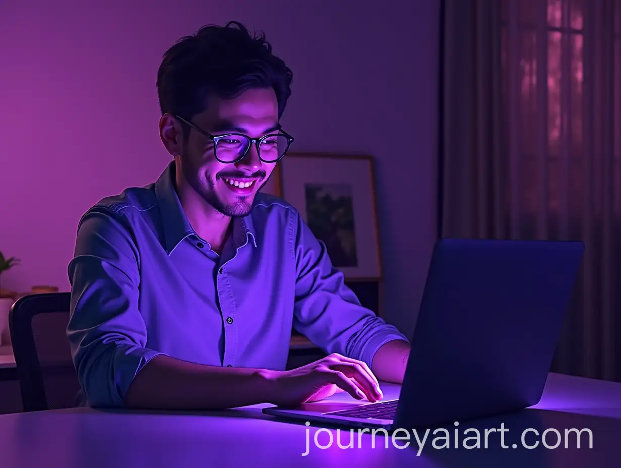 Calm-Office-Worker-Smiling-at-Laptop-in-Purple-and-Lavender-Setting