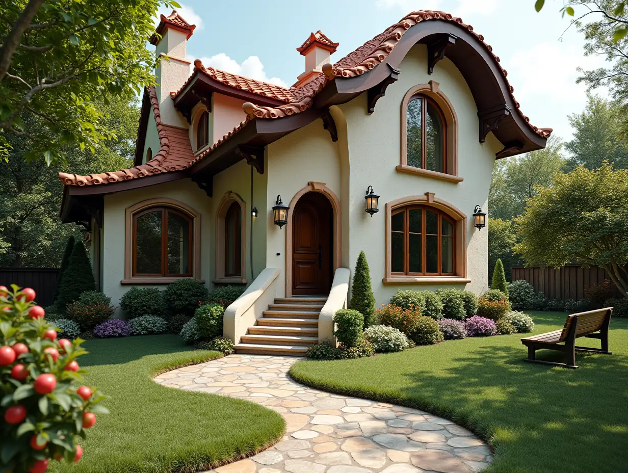 crooked house garden planting-with stucco in the form of plant decoration, large windows with glass closed, curved, smooth window shapes, winding big entrance steps made of marble complex curved roof with dike,Lanterns,bench apple tree 4K resolution colorful superWide-angle shots