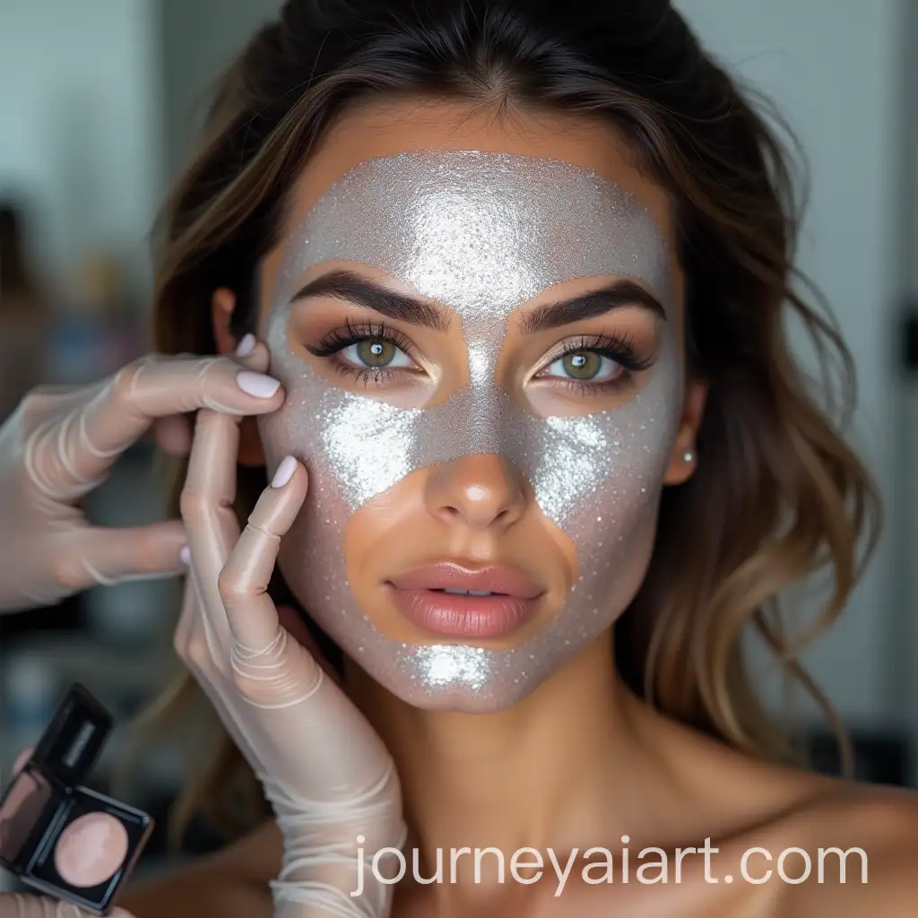 Kim-Kardashian-Applying-Silver-Sparkle-Face-Mask-in-Cosmetology-Cabinet