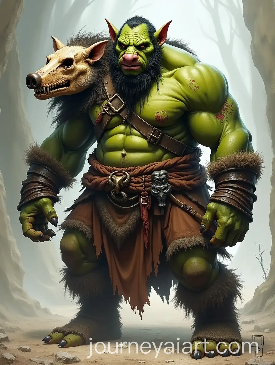 Dwarfed-GreenSkinned-Orc-Monk-with-Boars-Skull-and-Animal-Skins