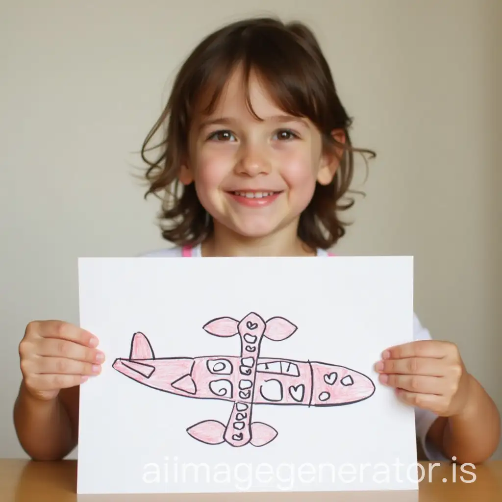 A child shows a drawing of a plane with heart-shaped wings.