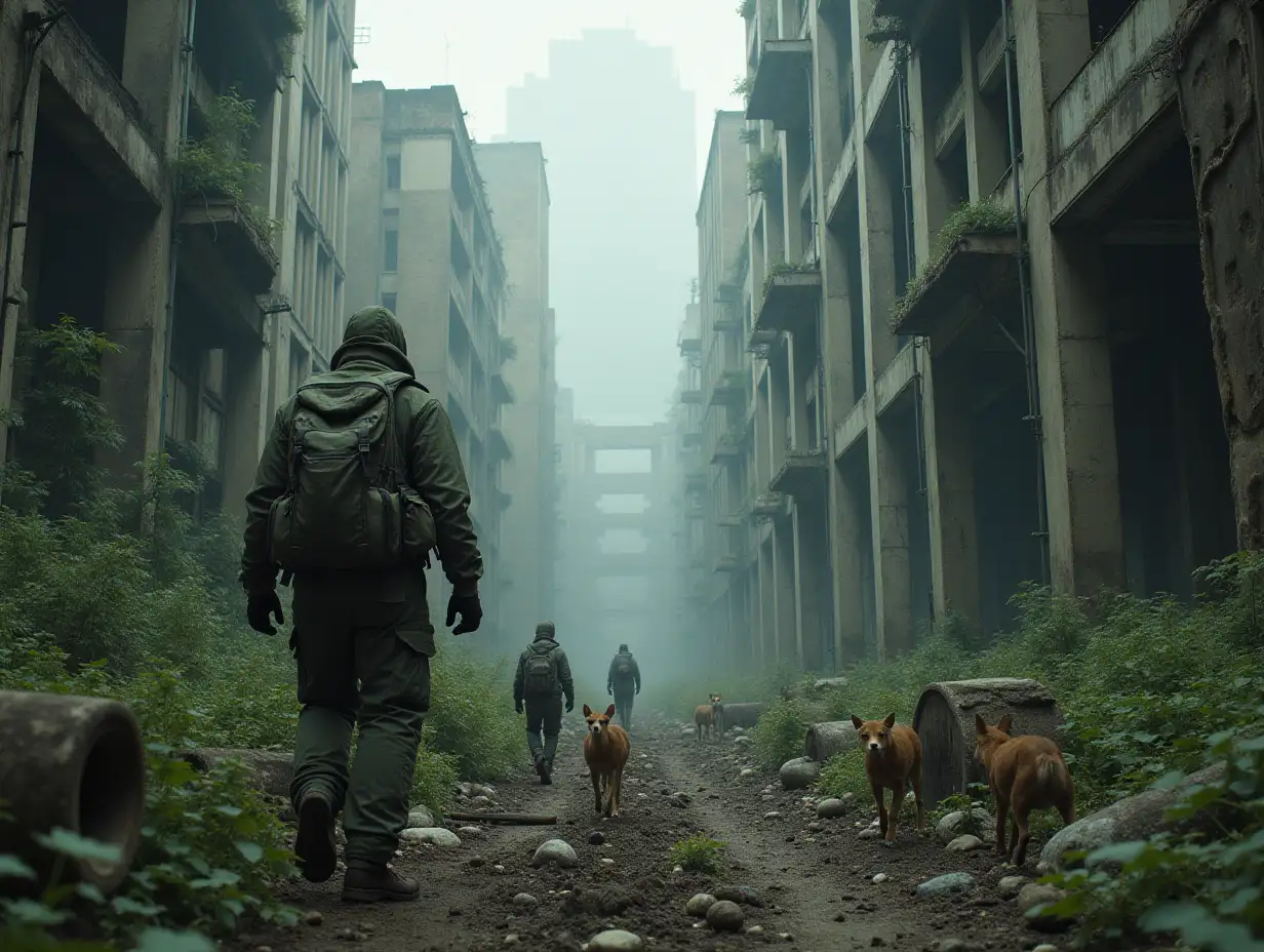 Survivalist in a canvas camouflage and with a backpack sneaking through heavily destroyed mysterious ruins of a city overgrown with greenery. Animals are running.