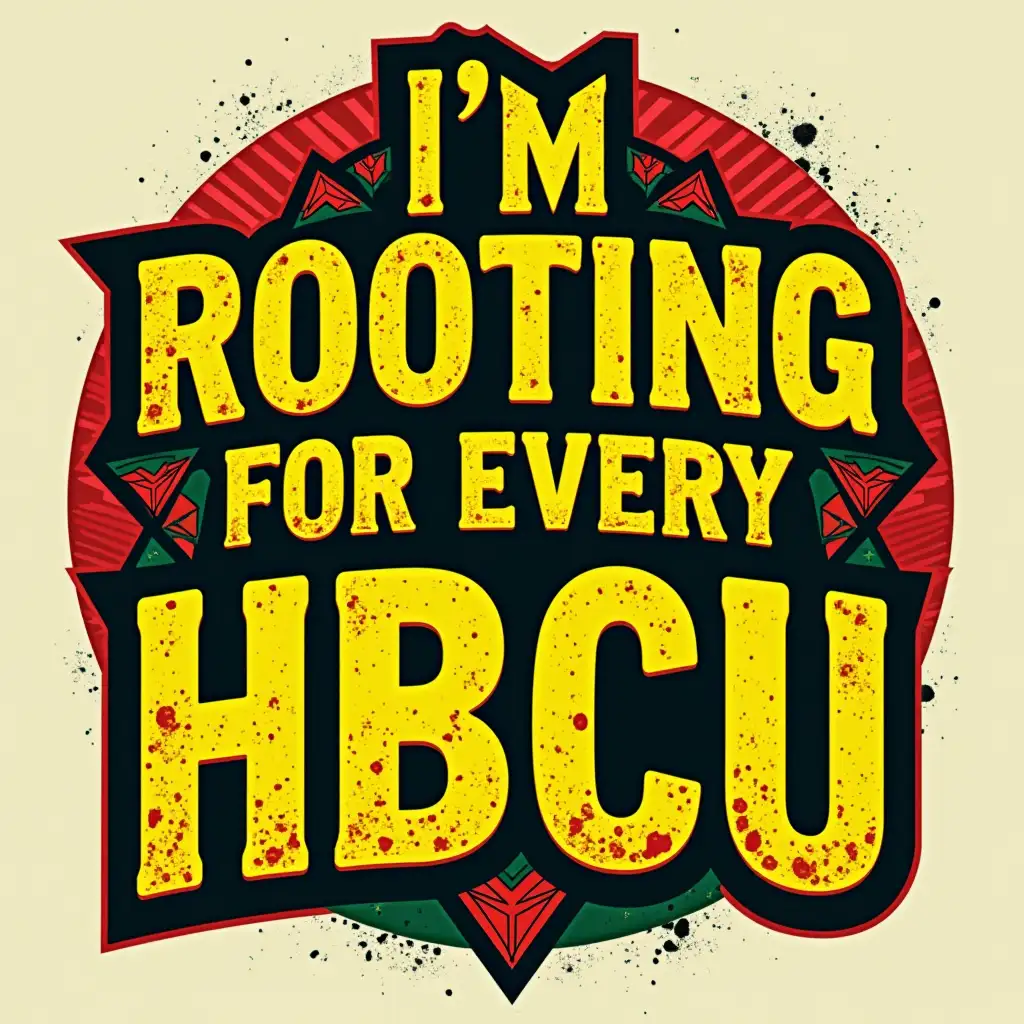 A bold, colorful illustration of a shirt with the text 'I'M ROOTING FOR EVERY HBCU'. The text is in a distressed, vintage font and is prominently displayed in large yellow letters. The design incorporates red, green, and yellow colors, inspired by African heritage themes. There is a decorative pattern of triangles in these colors at the top and bottom of the text. Small red and green accents are integrated within the text, enhancing the Afrofuturistic aesthetic.