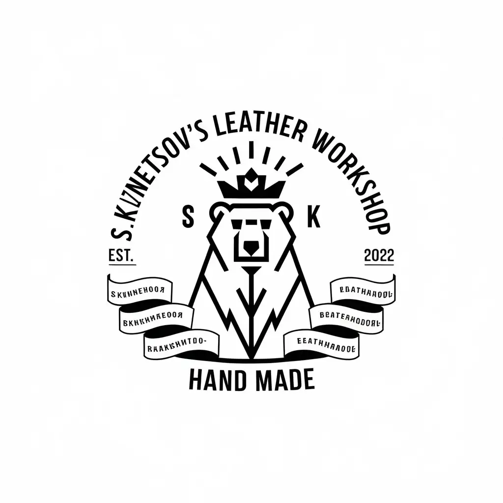 a vector logo design,with the text "S.Kuznetsov's leather workshop est. 2022 hand made", main symbol:polar bear 
above the bear is a crown with rays
Inscriptions on heraldic ribbons
All images and inscriptions are in a circle,Minimalistic,be used in leathercraft industry,clear background