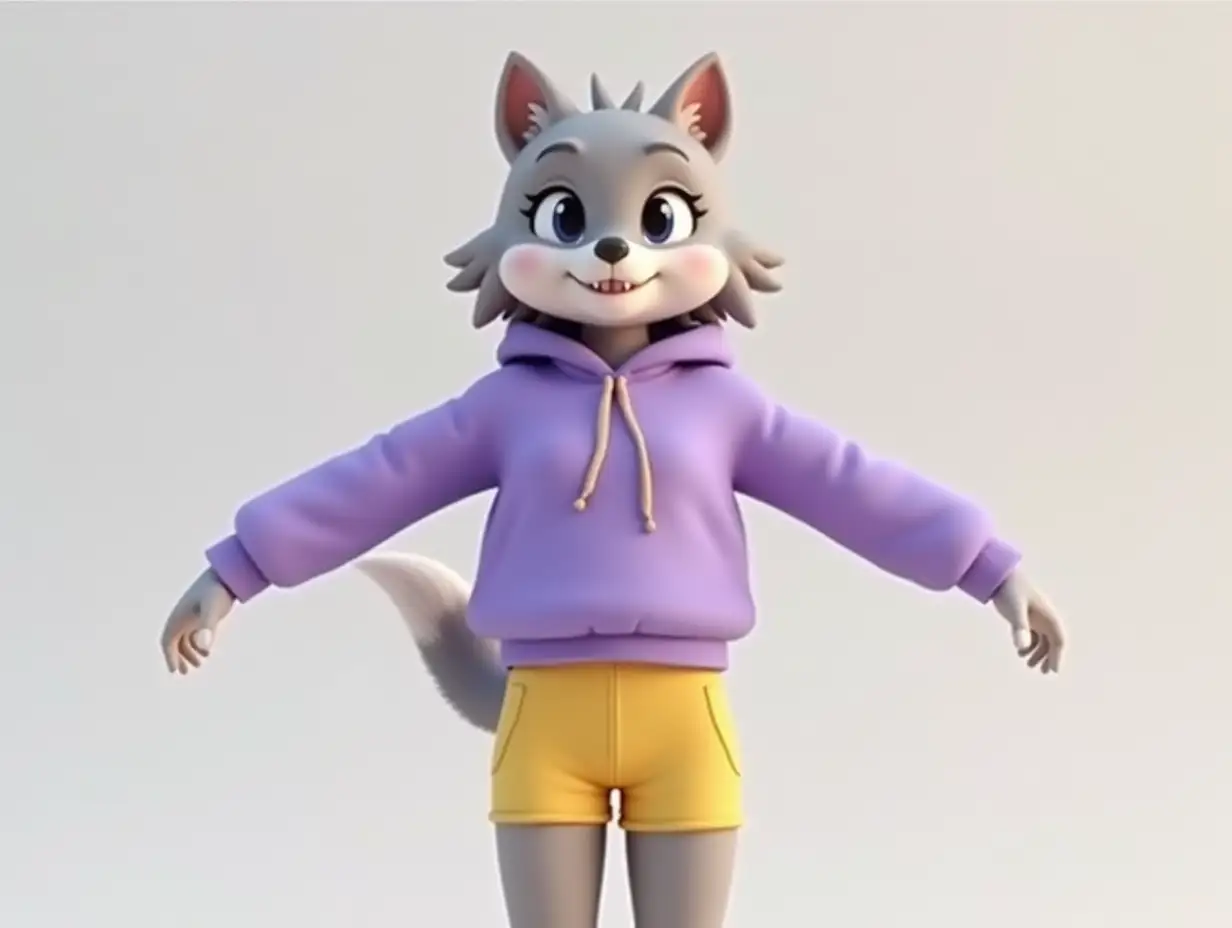 Full body 3d render of an anthropomorphic wolf girl, cute, wearing a purple sweatshirt and tight yellow shorts, standing in  a t-pose position