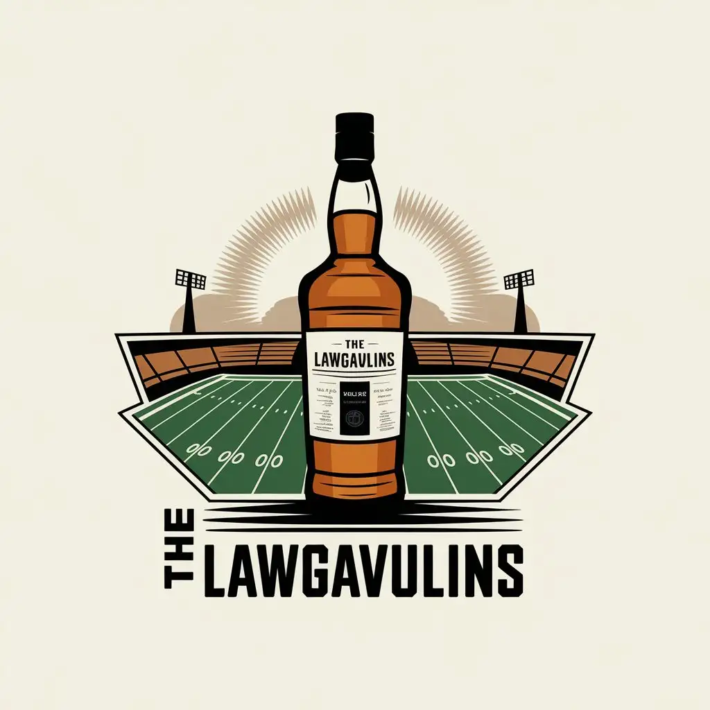 LOGO Design for The Lawgavulins Tall Whiskey Bottle with American Football Field Background