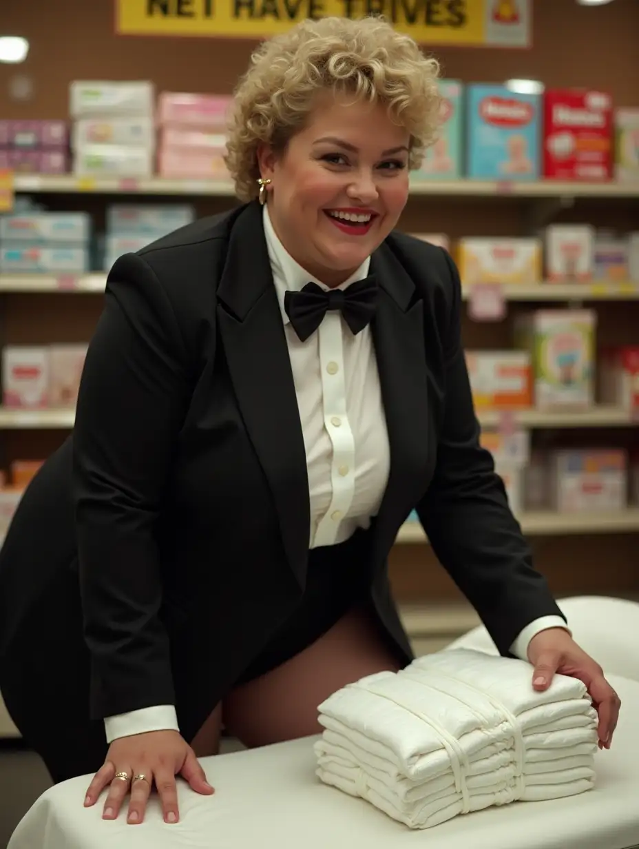 Caucasian-Woman-in-Formal-Tuxedo-Presenting-Huggies-Diapers-in-Supermarket-Product-Demo