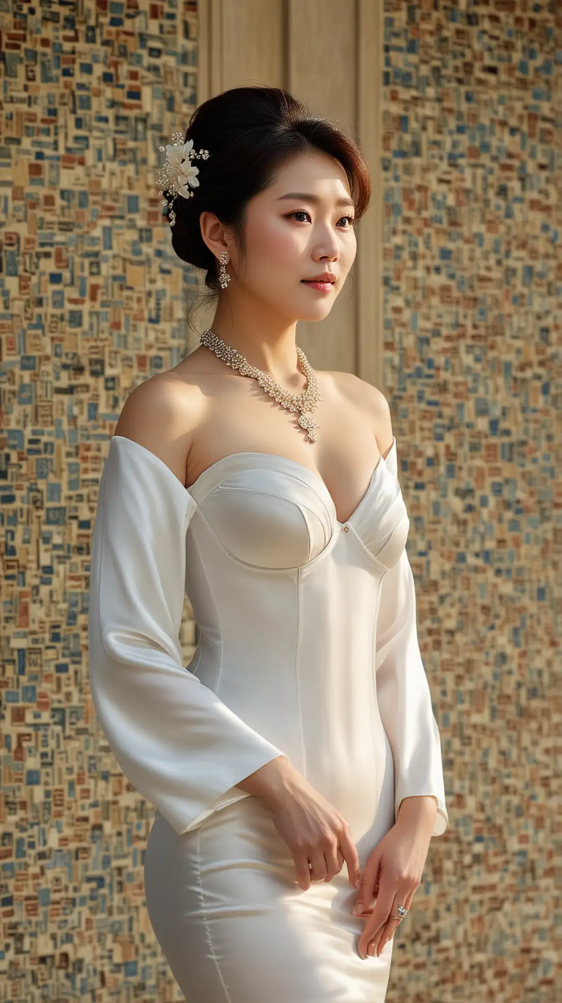 ((Full figure)),1Korean mature woman, elegant silk body shapewear, necklace, jewelry, in Seoul at the entrance to the Changdeokgung Royal Palace, flower, the most beautiful image ever seen, realistic, uhd, RAW, sharp focus, photo realistic, best quality, Korea, ultra high res, masterpiece, <lora:Koreabody15:0.8>