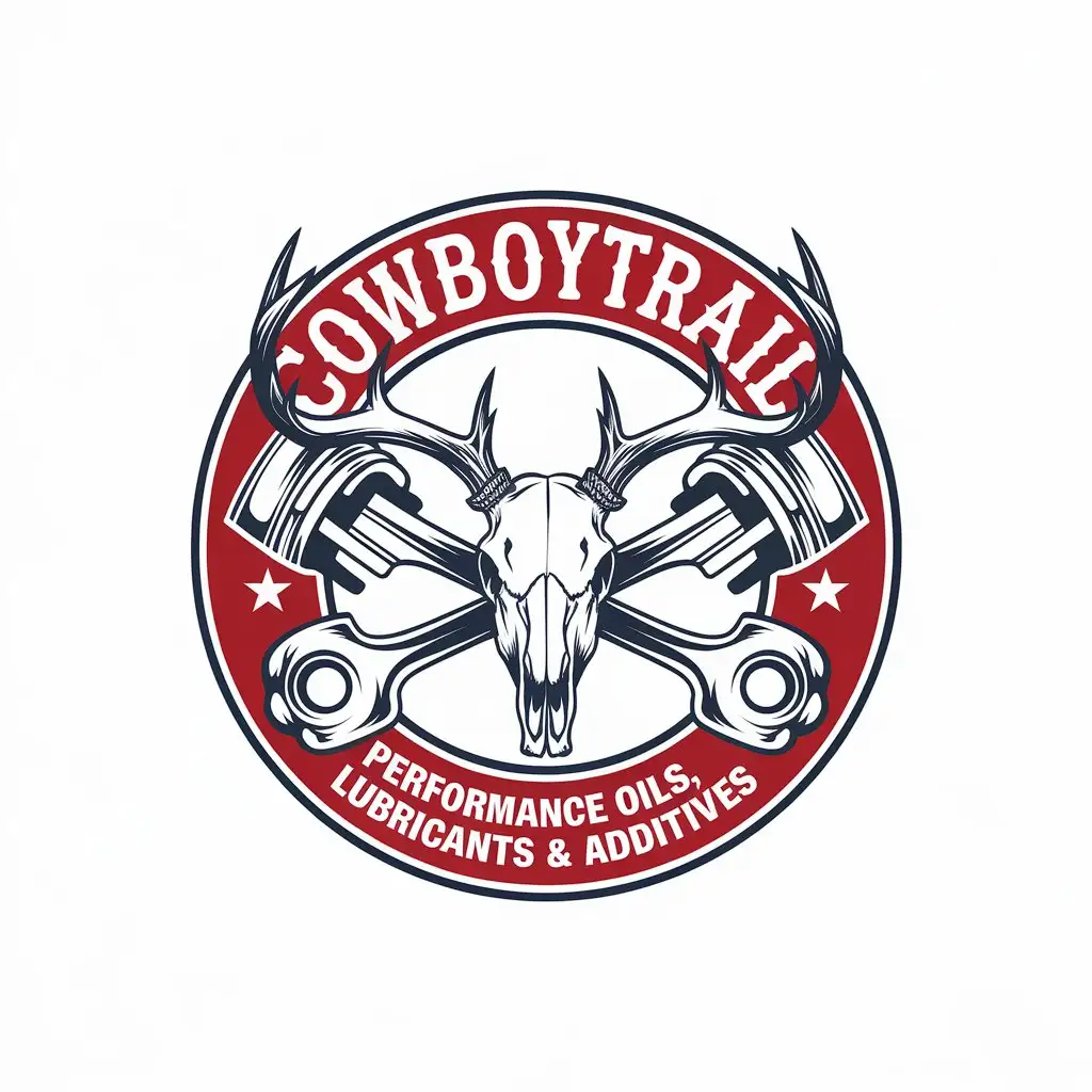 LOGO Design for Cowboytrail Red White and Blue Deer Buck Skull with Pistons and Cross Bones for Automotive Industry