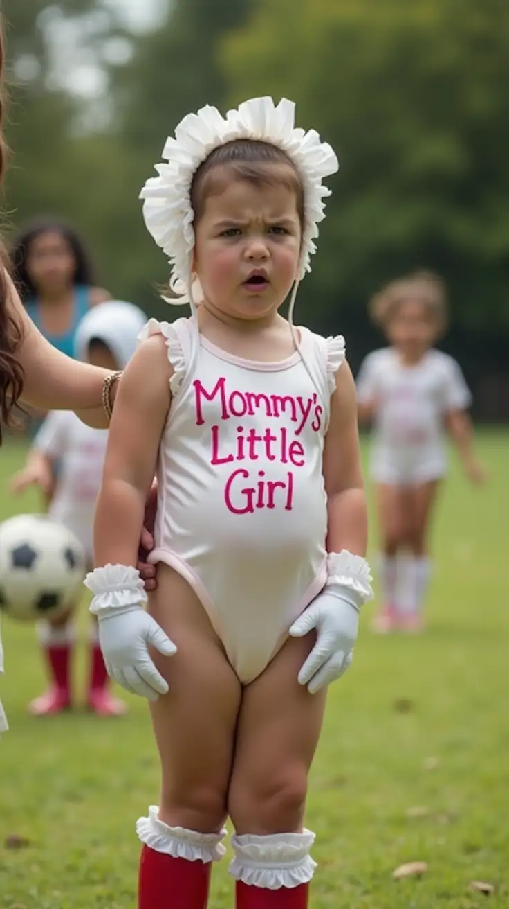 A mother carrying her caucasian teenage son in a baby carrier, ready for his afternoon nap, a tall thin angry upset boy age 12, wearing a formal frilly satin bodysuit with “Mommy's Little Girl” written on it in pink text, white high frilly socks with red horse riding boots, with a white bonnet and white gloves, having a temper tantrum, not happy with the outfit chosen for him, gender role reversal, in a park with children playing soccer in the background