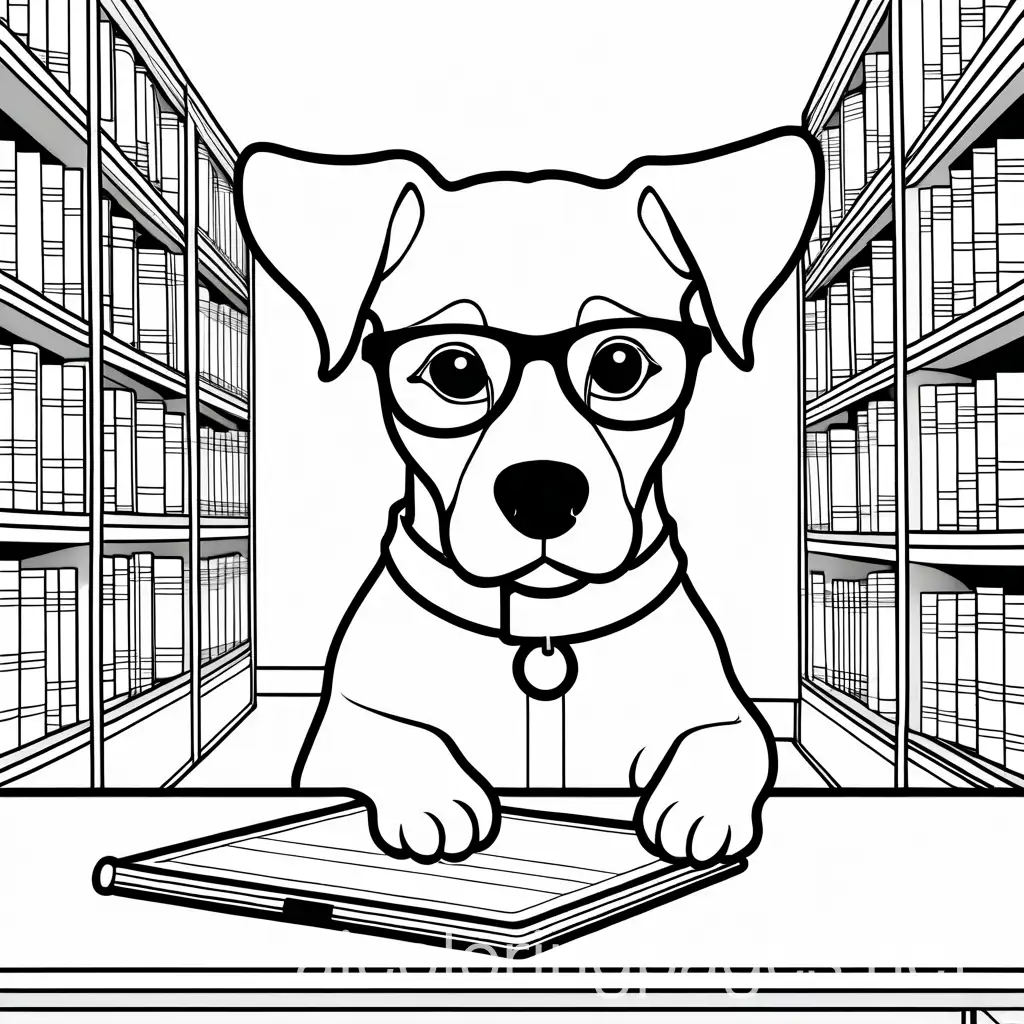 Dog-Wearing-Glasses-in-Library-Looking-at-iPad-Coloring-Page