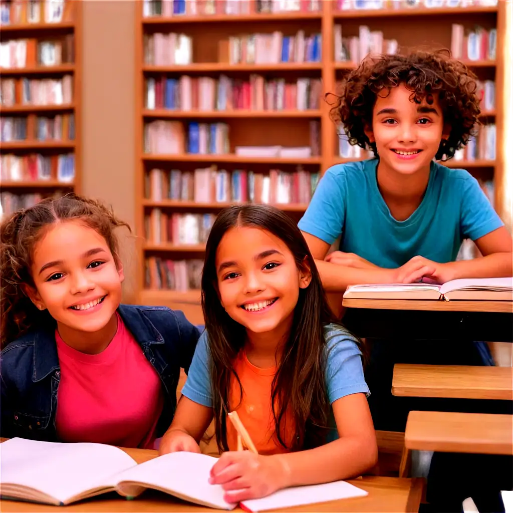 Happy-Children-Studying-Together-at-a-Library-PNG-Diverse-Joyful-and-Focused-in-a-Cozy-Academic-Setting