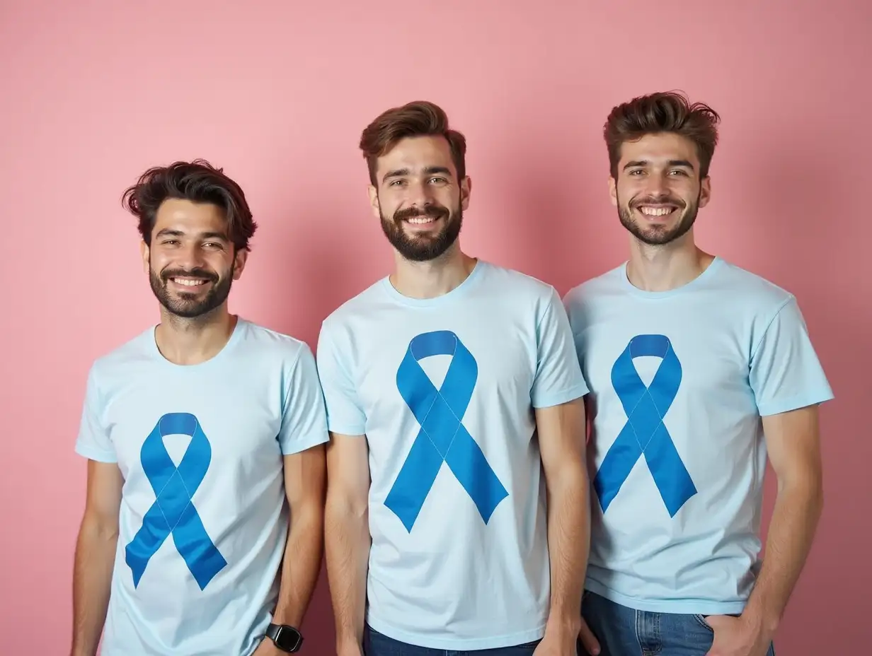 Young men in t-shirts with blue ribbons on color background. Prostate cancer awareness concept