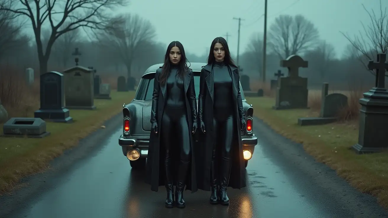 Two-Women-in-Shiny-PVC-Catsuits-and-Raincoats-with-Muscle-Car-Hearse-on-Graveyard-Road