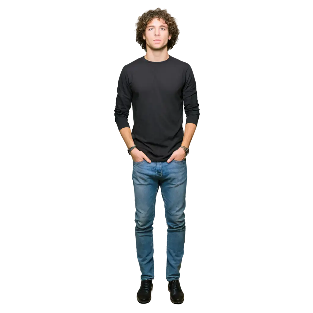 Curly-Haired-Man-in-Black-Shirt-and-Blue-Jeans-PNG-Image-for-Versatile-Use