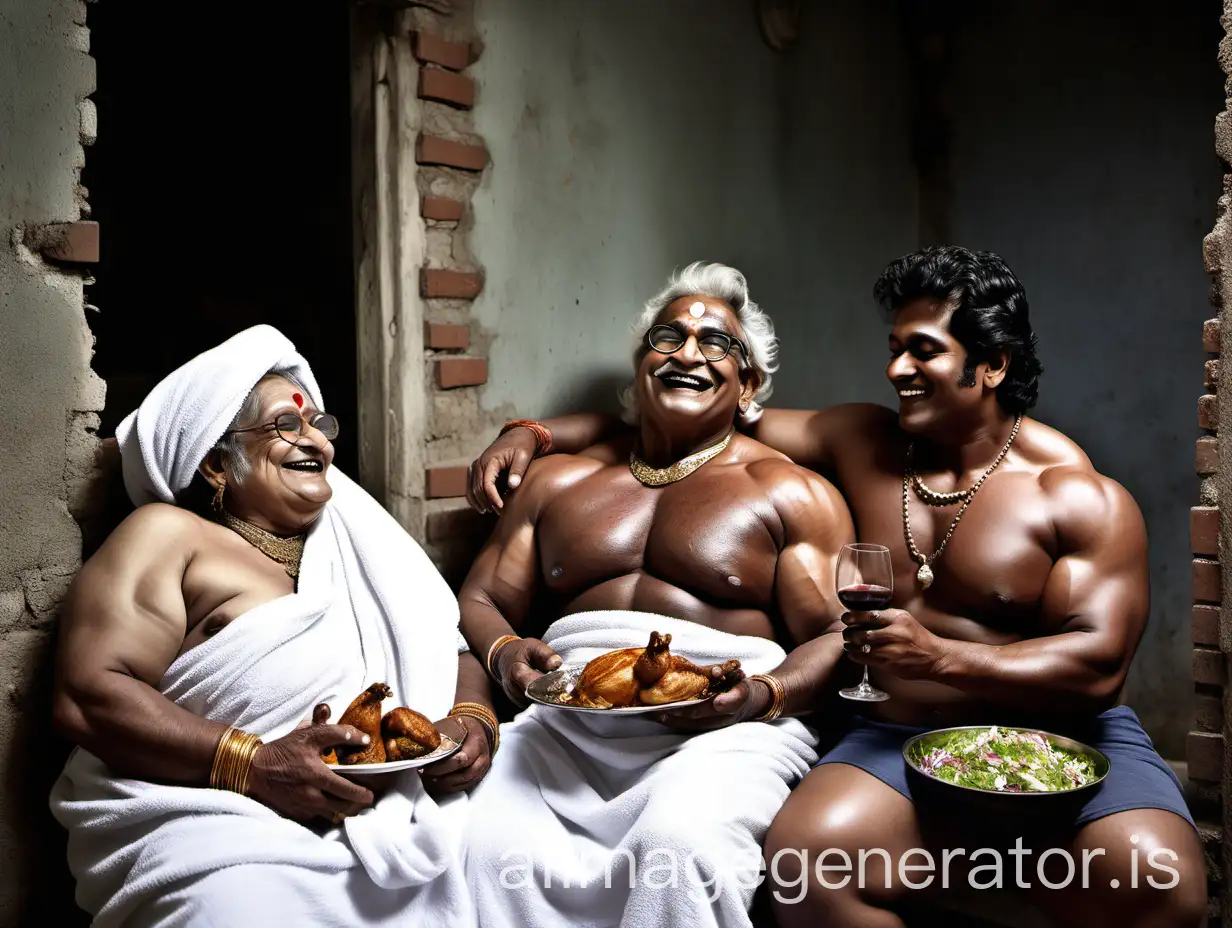 Muscular-Bodybuilder-and-Curvy-Woman-Enjoying-Nighttime-Feast-in-Old-Courtyard