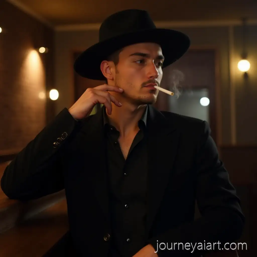 Young-Man-Smoking-at-BarYoung-man-smoking-portrait-in-Black-Attire-High-Detail-Portrait
