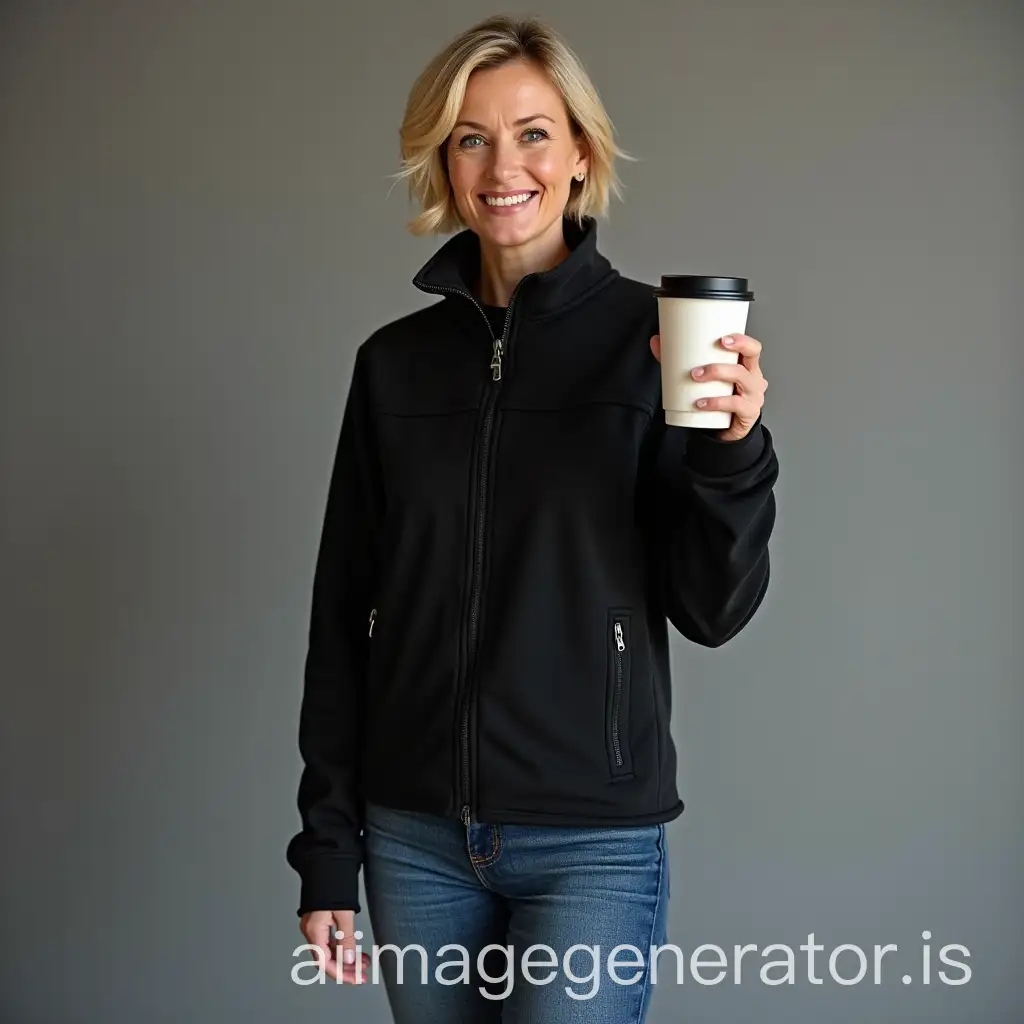 A woman of forty years with short blonde hair and blue eyes . She is wearing jeans and a black polar fleece jacket. she holds a coffee in one hand. She wears black leather boots. She is facing forward, standing, smiling. Her boots and her hair can be seen.