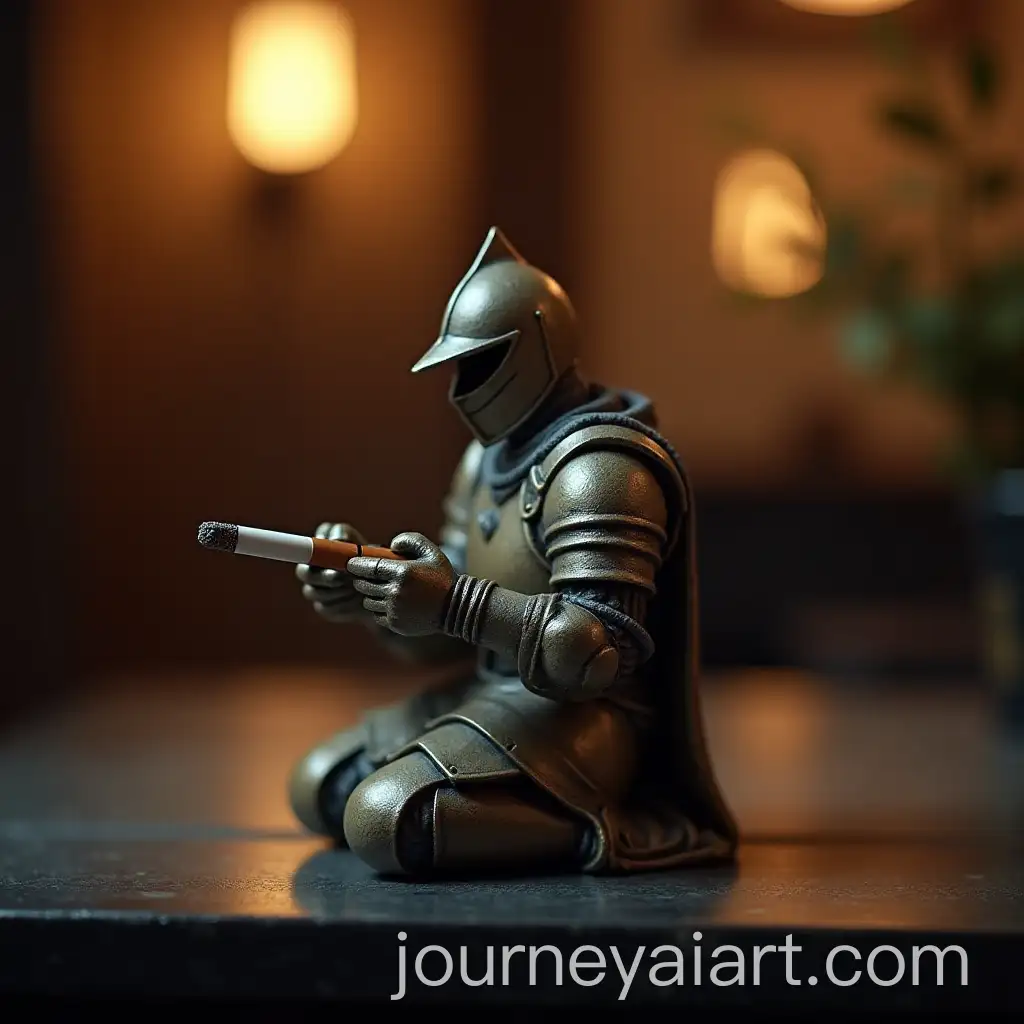 Knight-Statue-in-Armor-Holding-a-Cigarette-on-Dark-Platform-with-Warm-Lighting