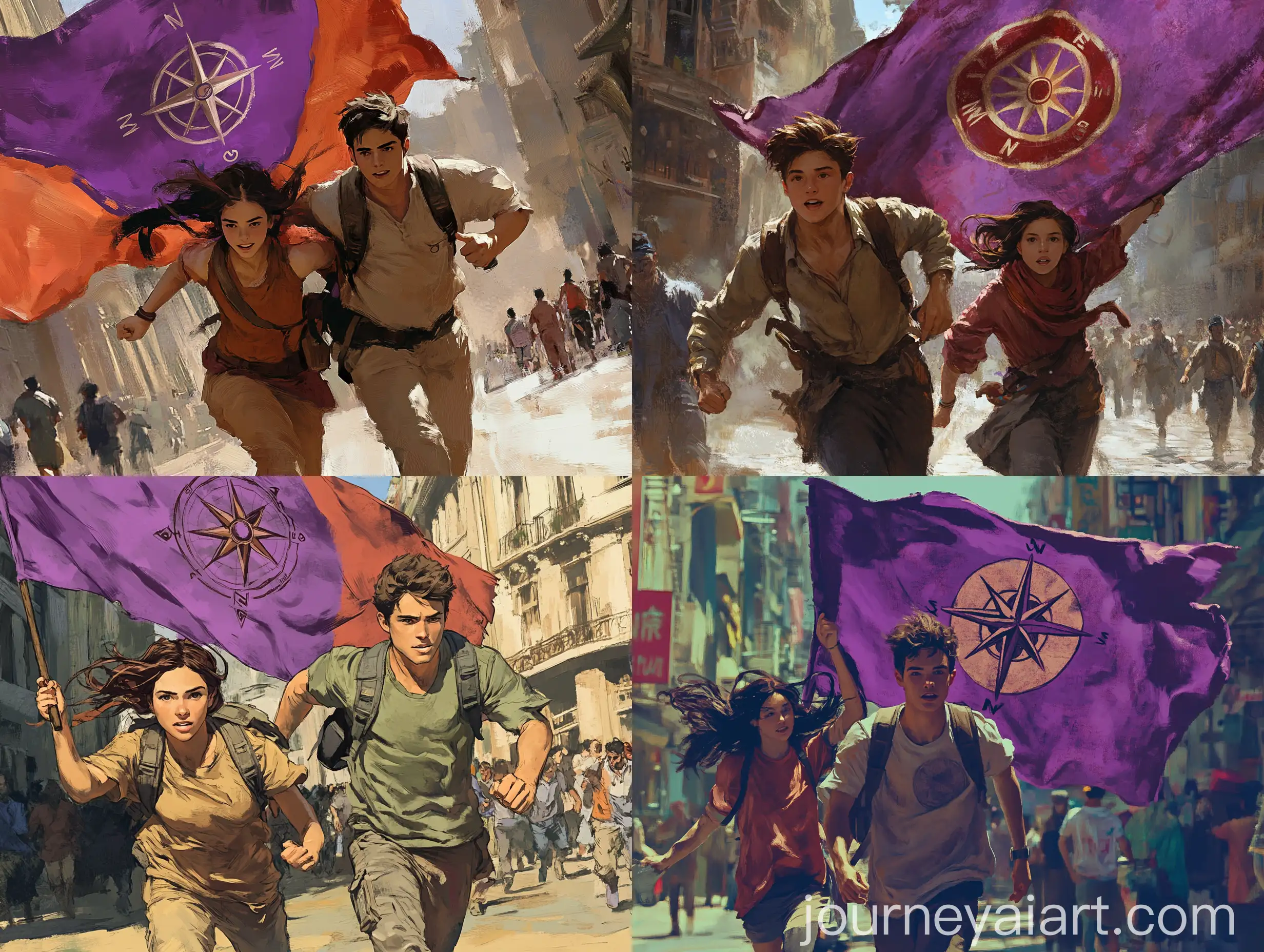 Young-Couple-Running-with-Large-PurpleRed-Flag-and-Compass-Image