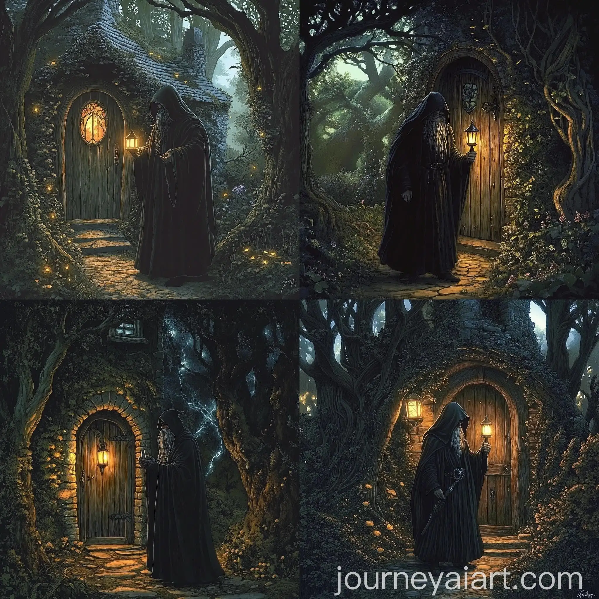 Mystical-Wizard-Emerges-from-Enchanted-Cottage-in-Deep-Forest