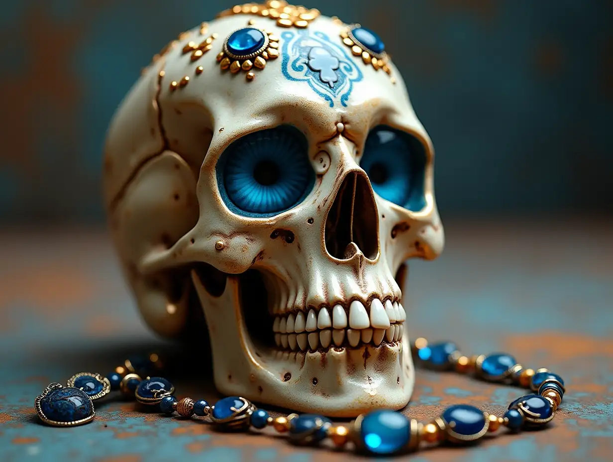 A very detailed image of a skull with glass eyes, porcelain with gold and blue ornaments and jewelry on the floor Mythological 4K resolution bright environment