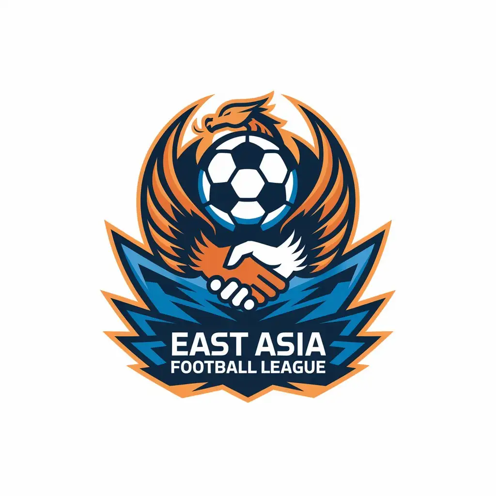 LOGO Design for East Asia Football League Soccer Dragon Phoenix Handshake and Team Emblem Colors in Sports Fitness Industry