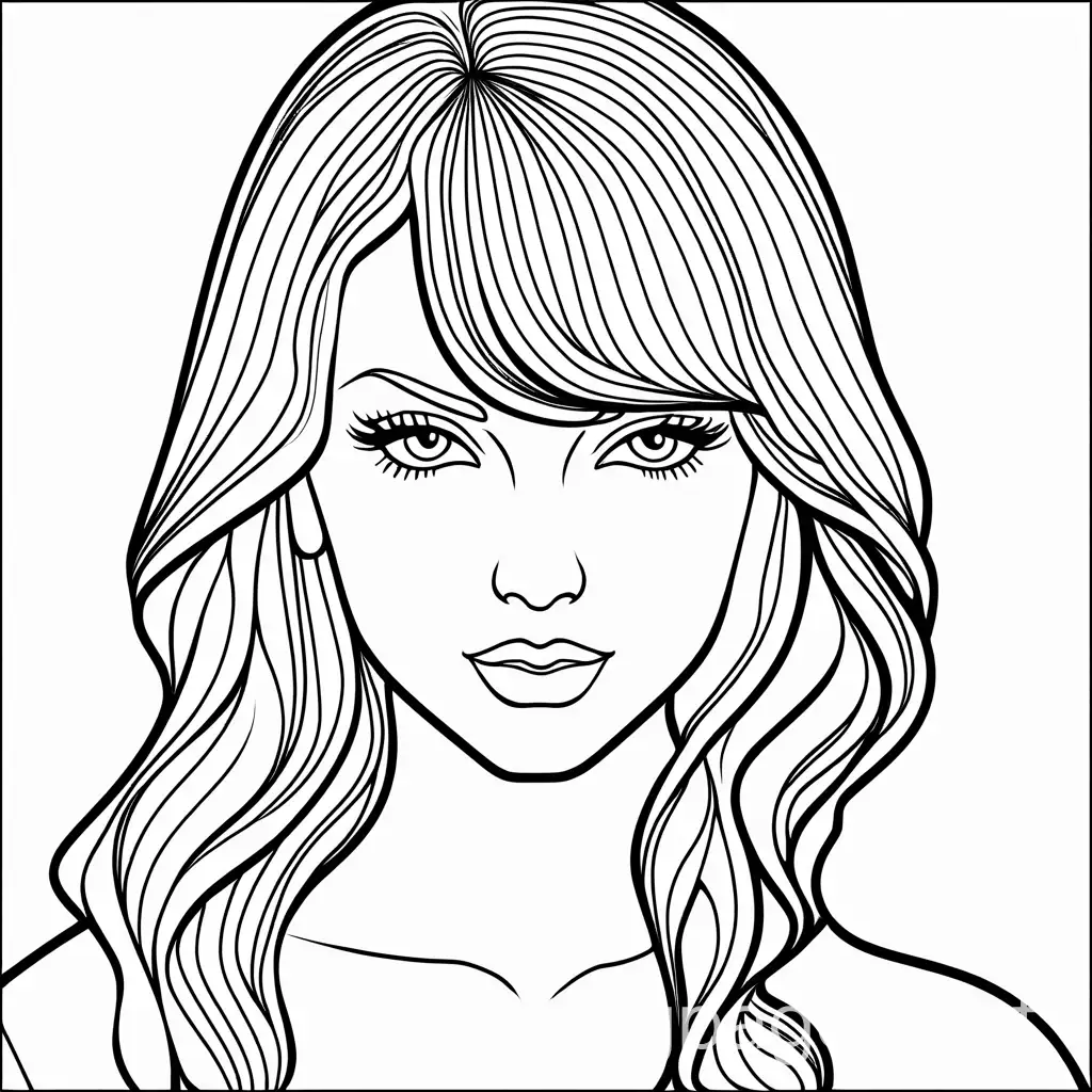 Taylor Swift coloring picture, Coloring Page, black and white, line art, white background, Simplicity, Ample White Space. The background of the coloring page is plain white to make it easy for young children to color within the lines. The outlines of all the subjects are easy to distinguish, making it simple for kids to color without too much difficulty