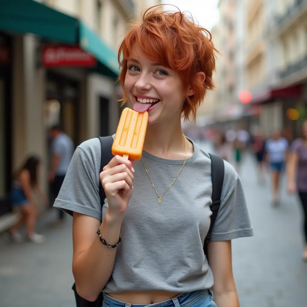 A pretty 19 year old tomboy with short tousled red hair, in a grey T-shirt and blue denim shorts, in a city street, licks an ice lolly with a long tongue while smiling, looking at the viewer