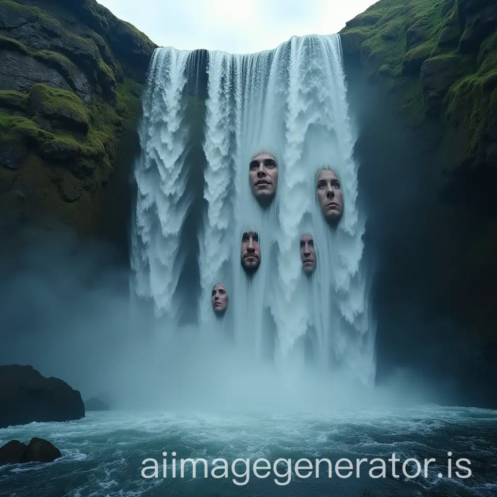 a broad waterfall looking at several human faces out of the falling water from the waterfall