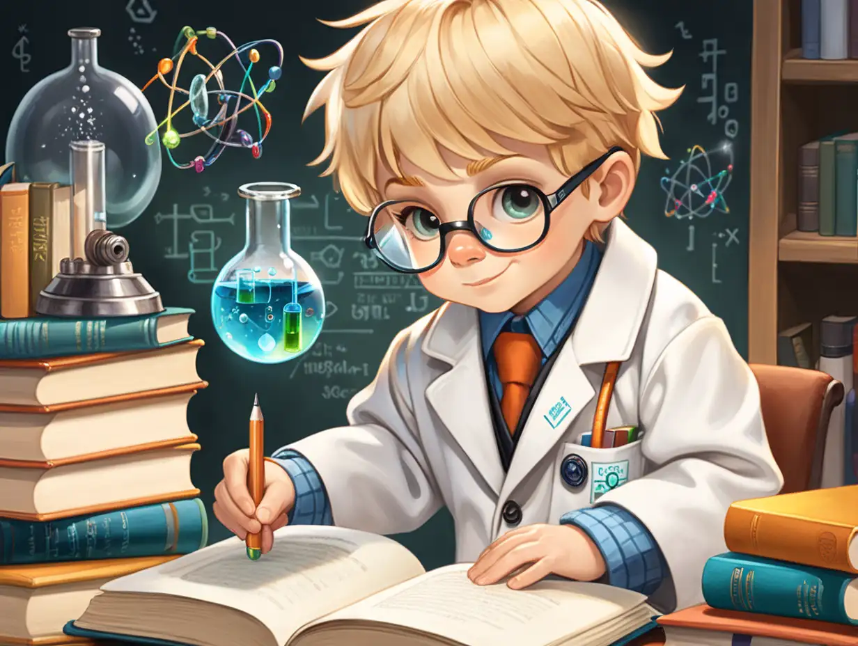 Young Scientist Boy Reading Books in Laboratory Setting