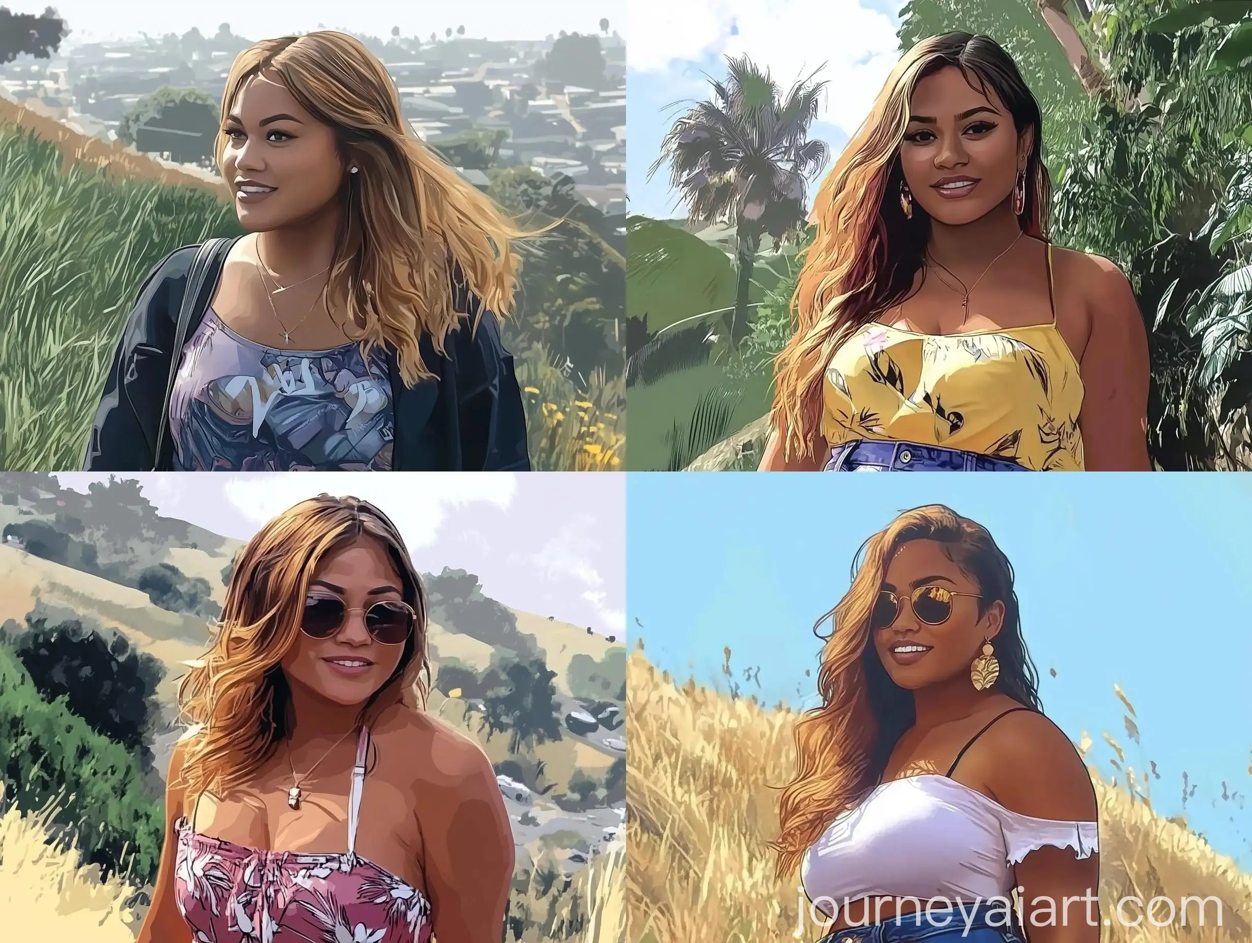 Brown-Woman-with-Dark-Ash-Blonde-Hair-Walking-Uphill-in-GTA-Art-Style