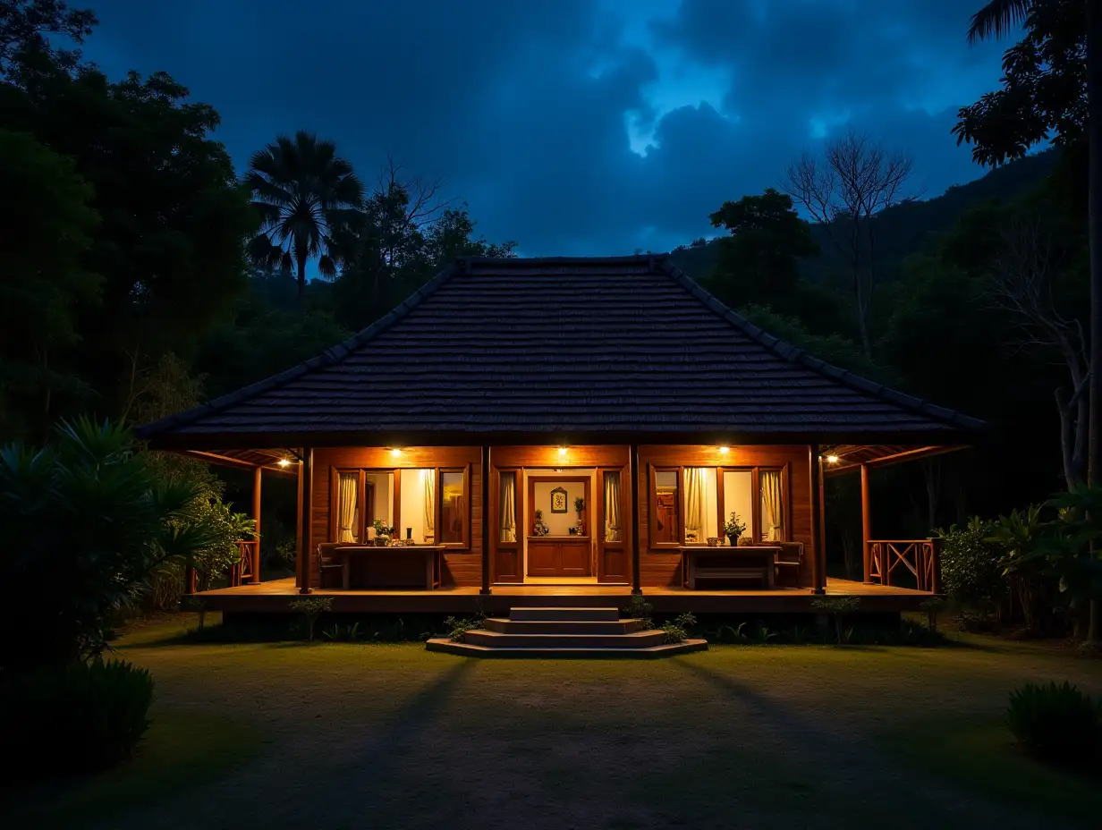 Traditional-Javanese-Wooden-House-at-Night-in-a-Village-Setting