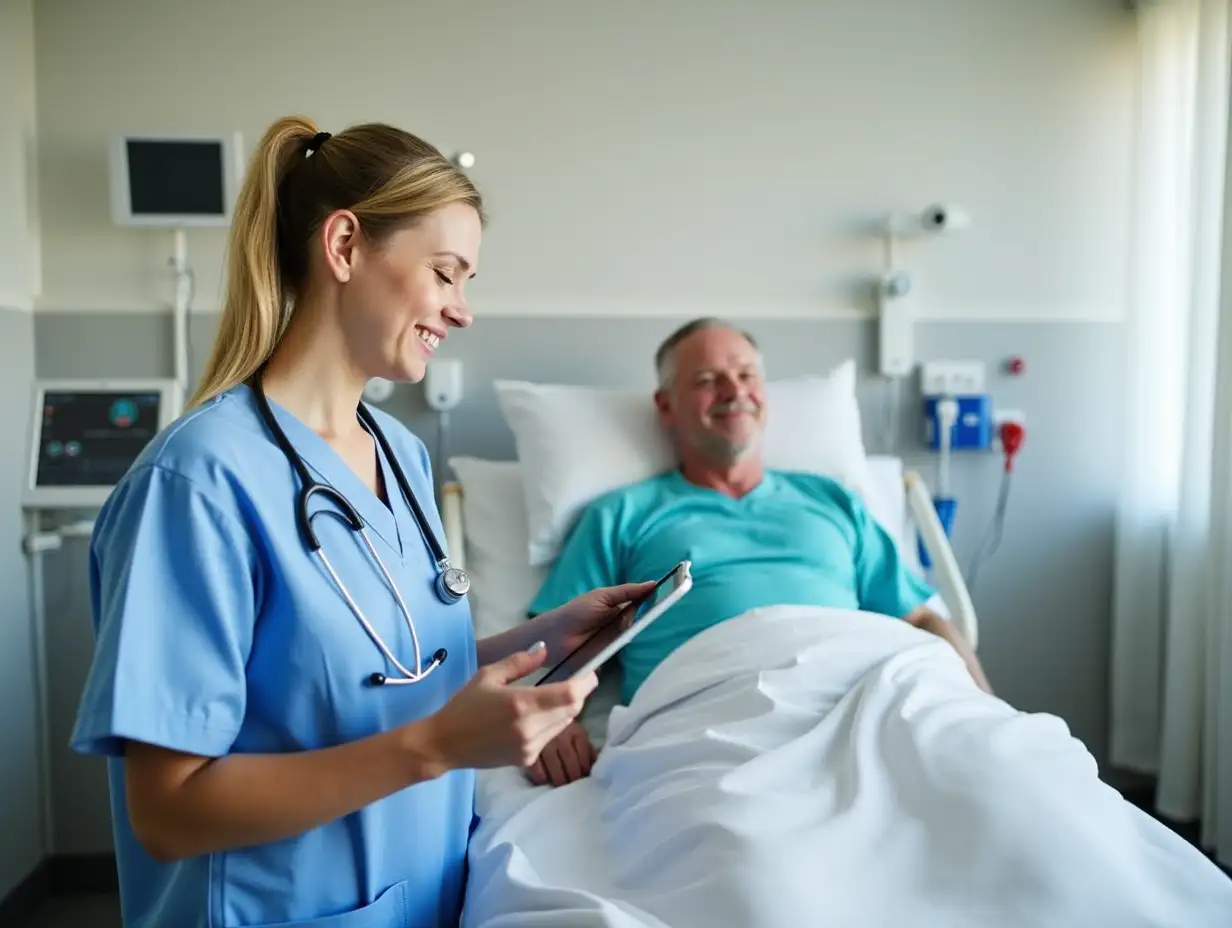 Man-Receiving-Chemotherapy-Assisted-by-Nurse-Using-Digital-Tablet