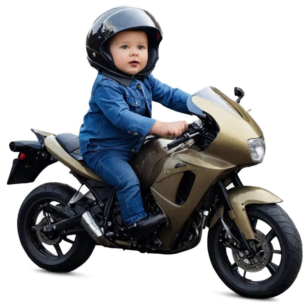 Baby riding a motorcycle with a helmet