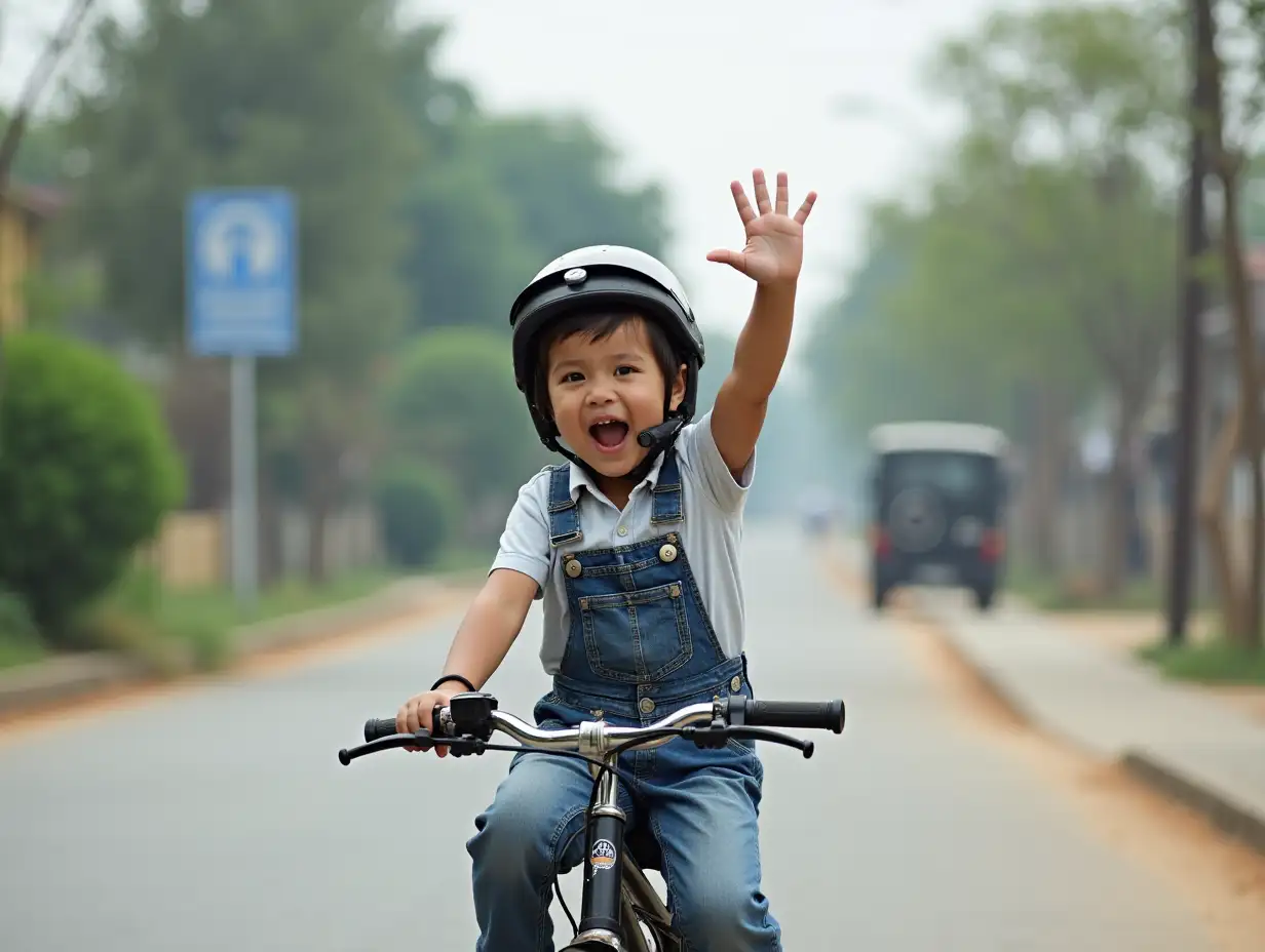 Little Checkpoint on a tricycle, smiling, waiving