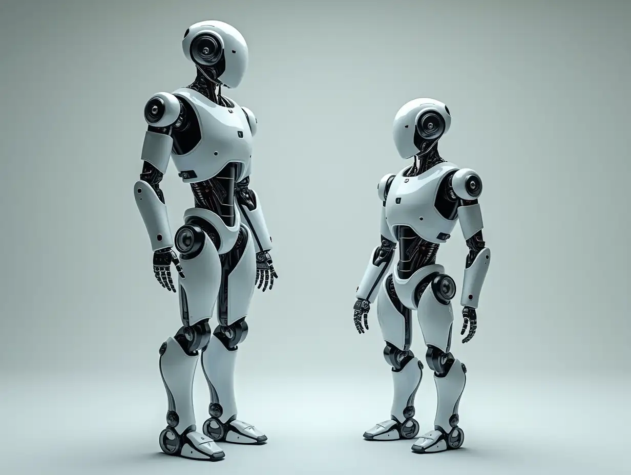 Create a high-resolution, realistic image of artificial intelligence: humanoid robots, two meters tall and one robot one meter tall, with gears on arms and legs, on the photo studio floor at 4-k resolution