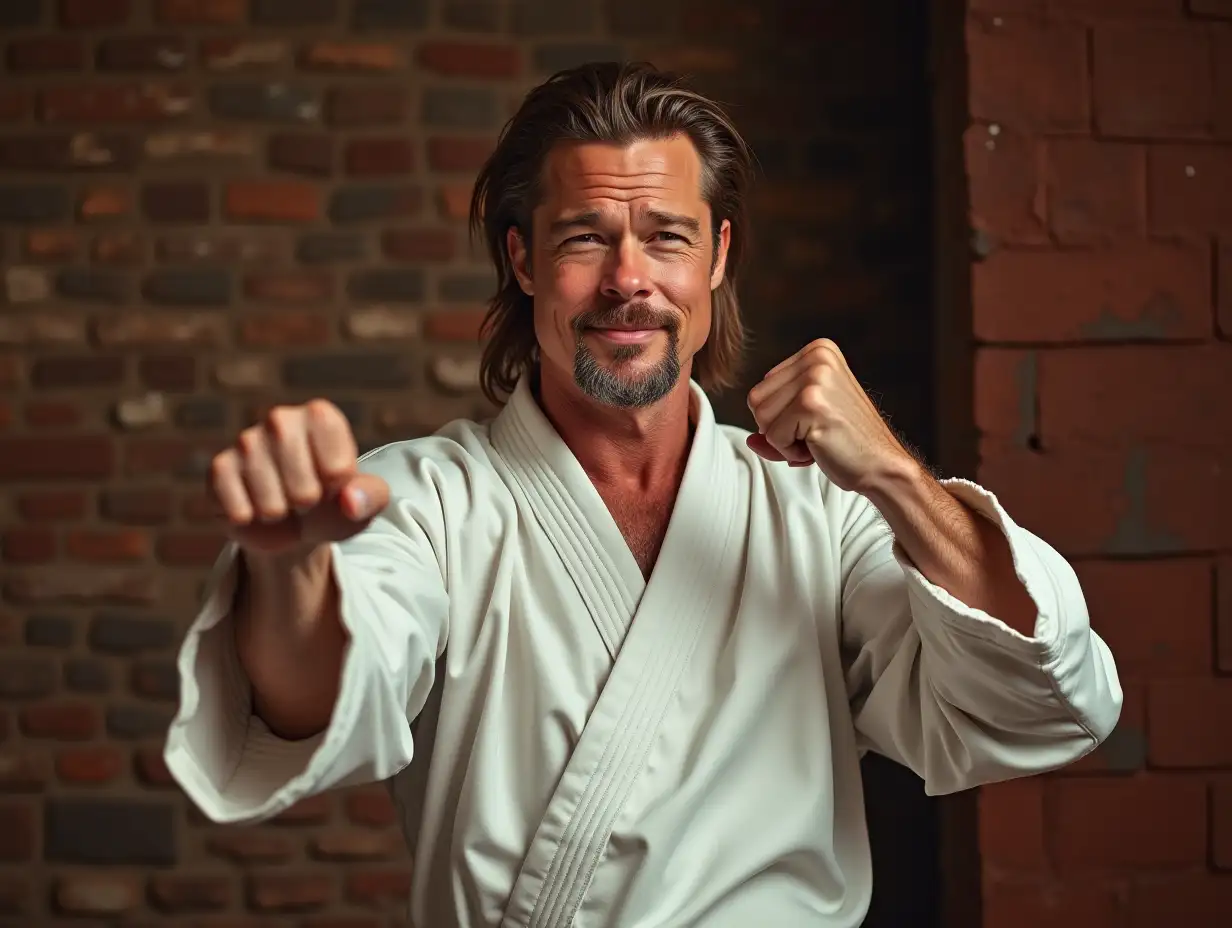 Brad Pitt looking forward with karate clothes