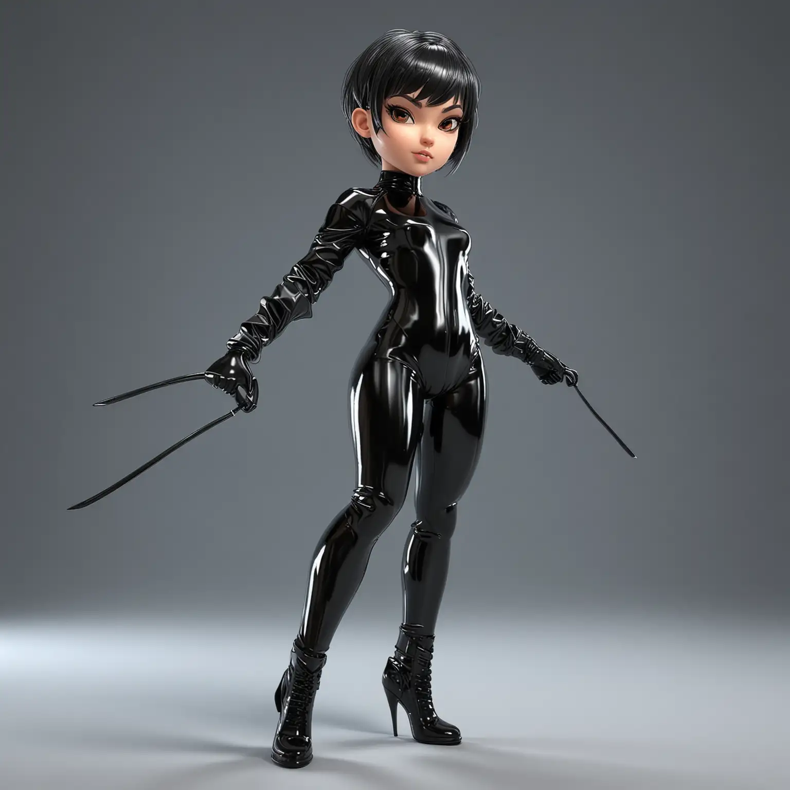 girl with short hair, black shiny latex suit, strong physique, dynamic pose, posing, like a rockstar, whip strike, full body, modern 3D cartoon style, chibi