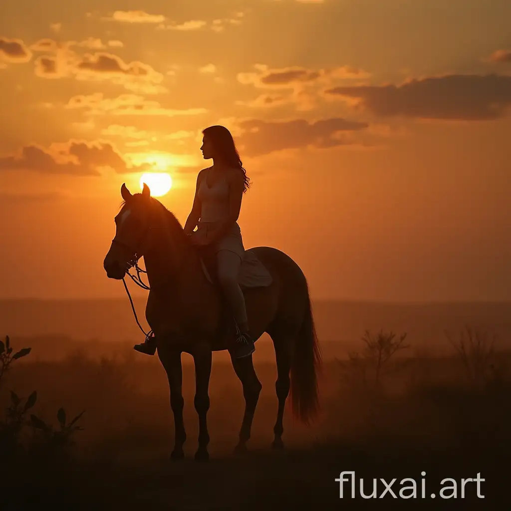 in a science fiction surrounding, a young woman is riding her horse into the sunset, romantic atmosphere, photorealistic