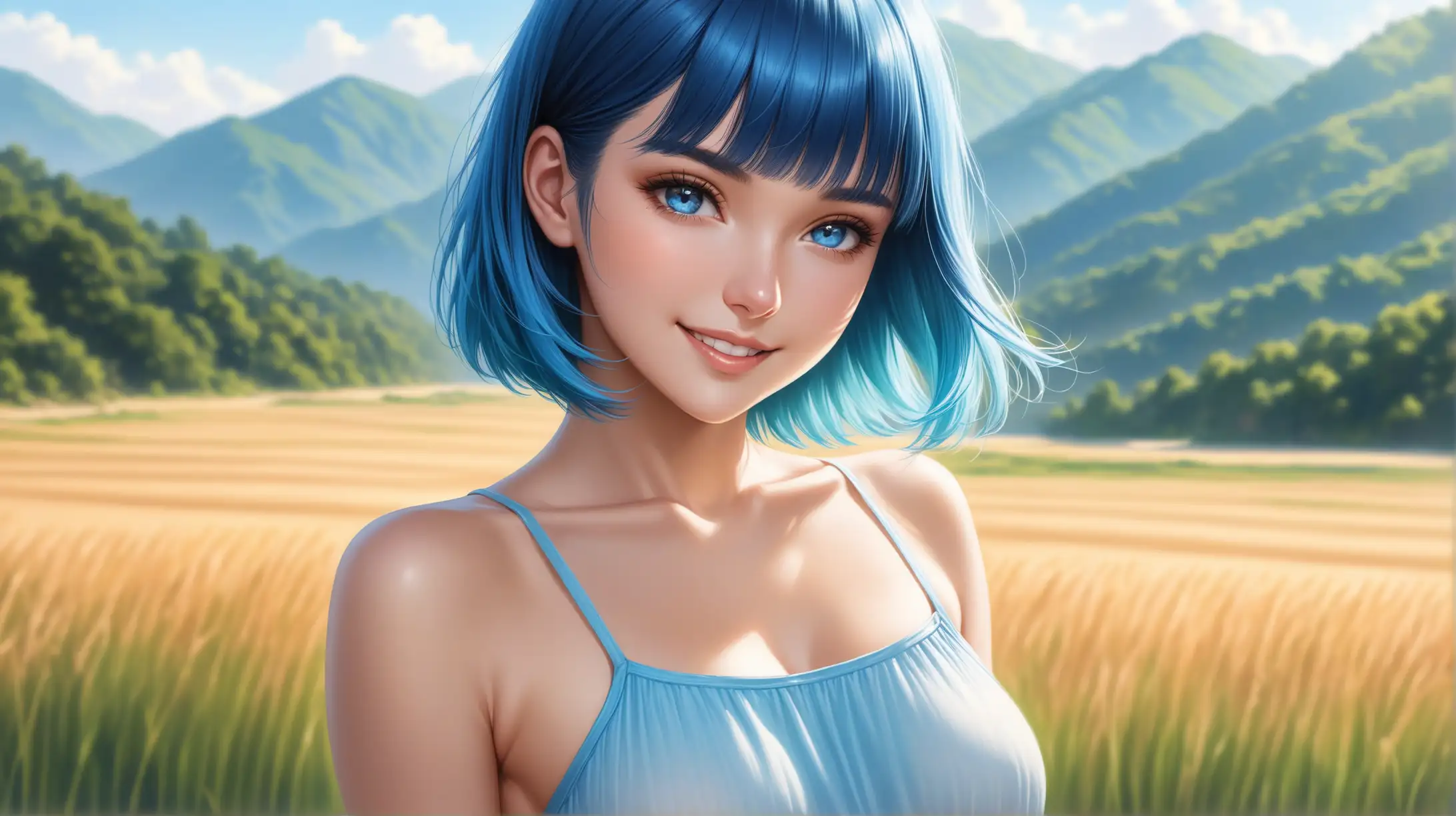 Seductive Summer Portrait of Woman with Blue Hair