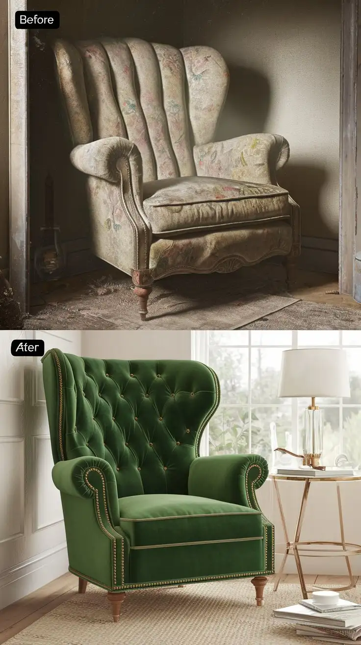 Before-and-After-Transformation-of-a-Vintage-Armchair-with-Emerald-Green-Velvet-Upholstery